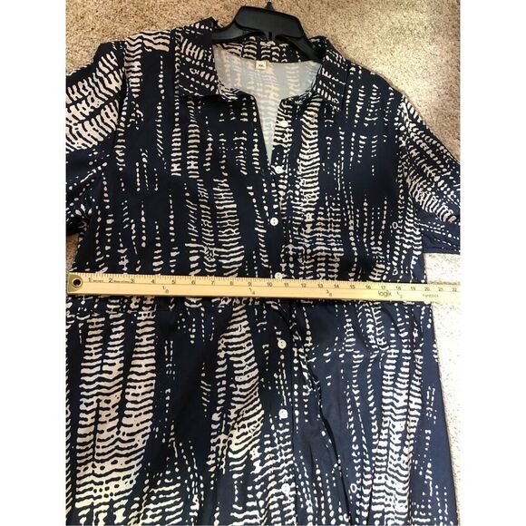 Women’s Navy Blue and White Long Sleeve Collared Button Up Draw Strip Waist Dres - Picture 4 of 6